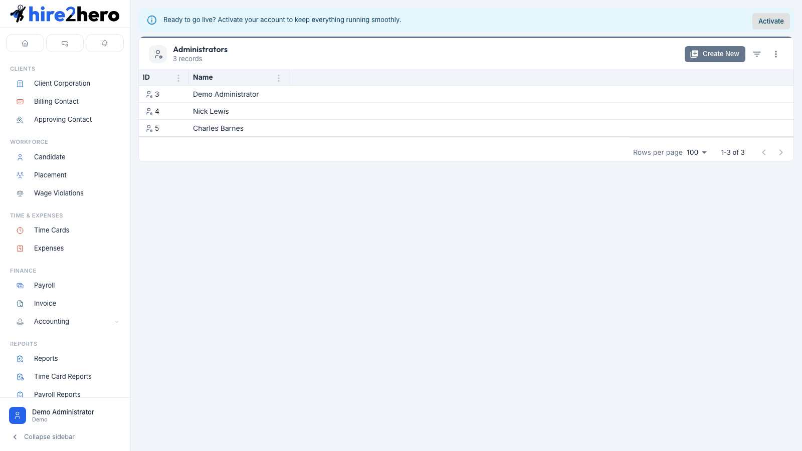 Administrators list showing name and email columns