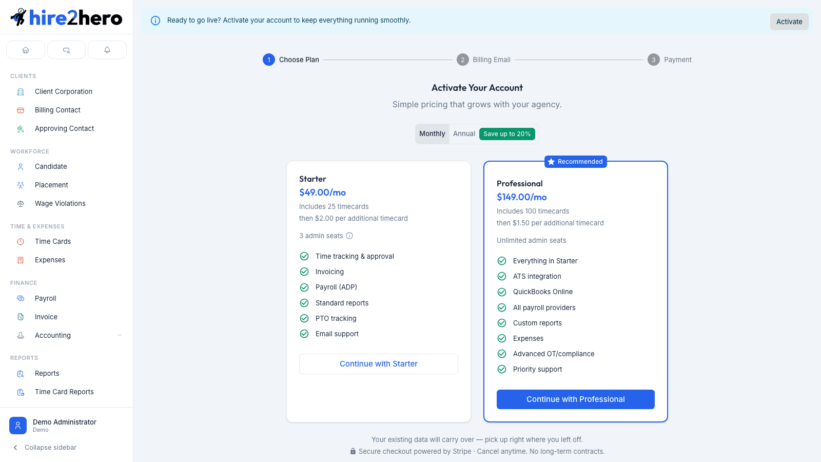 Billing usage page showing timecard usage meter and estimated bill breakdown