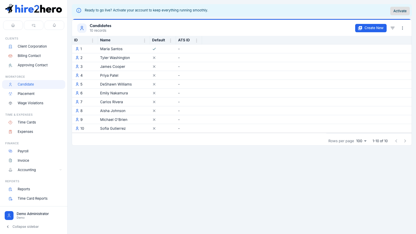 Candidates list view with columns for name and ATS ID