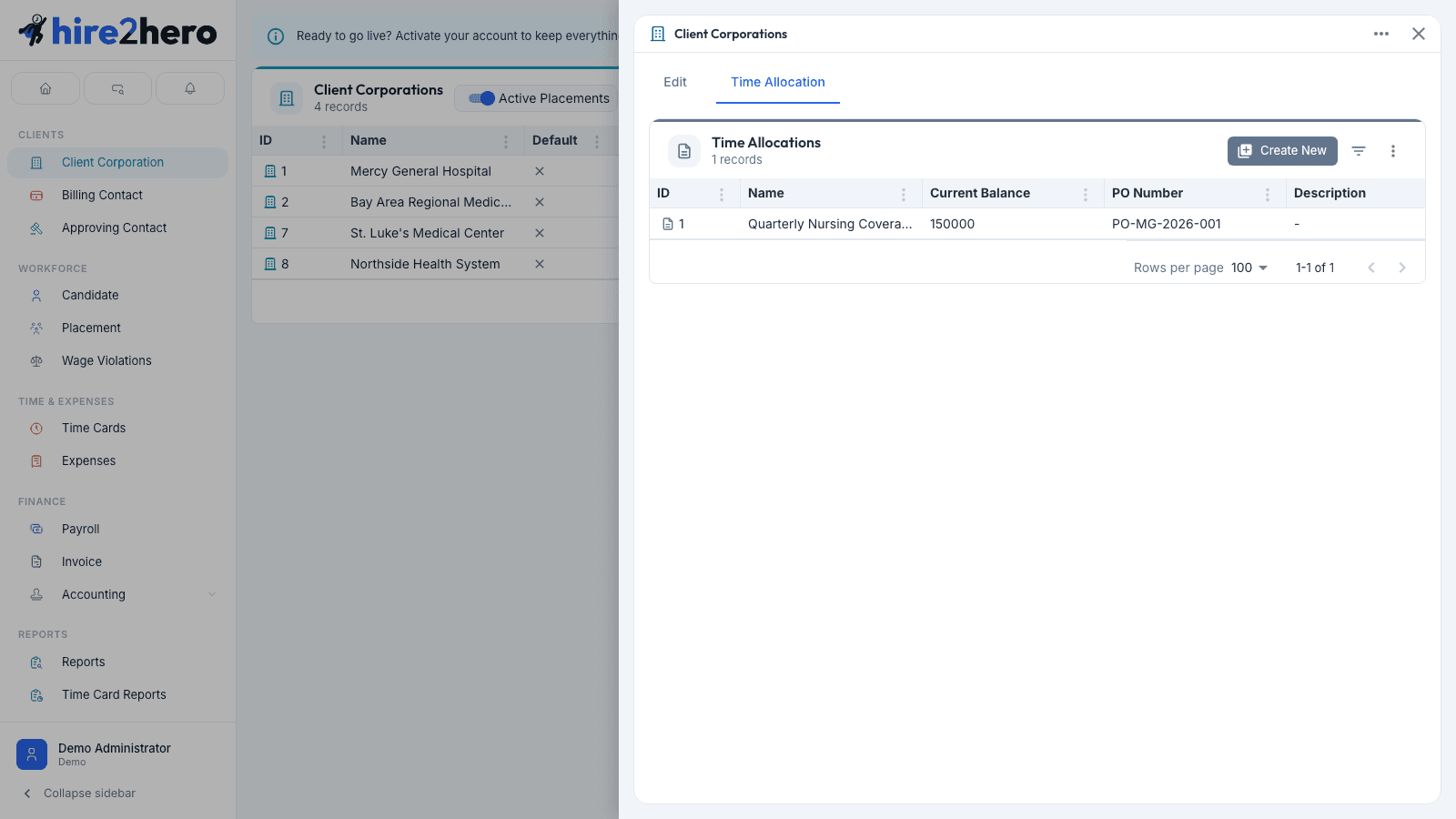 Time Allocation tab for a client corporation