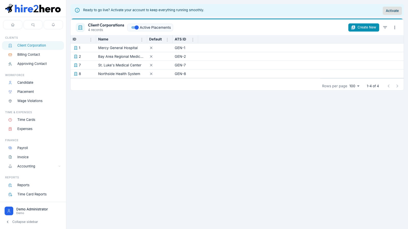 Client Corporations list view with toolbar toggle for active placements