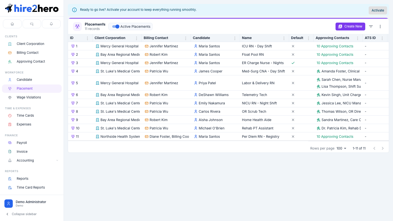 Placements list view with toolbar toggle for active placements