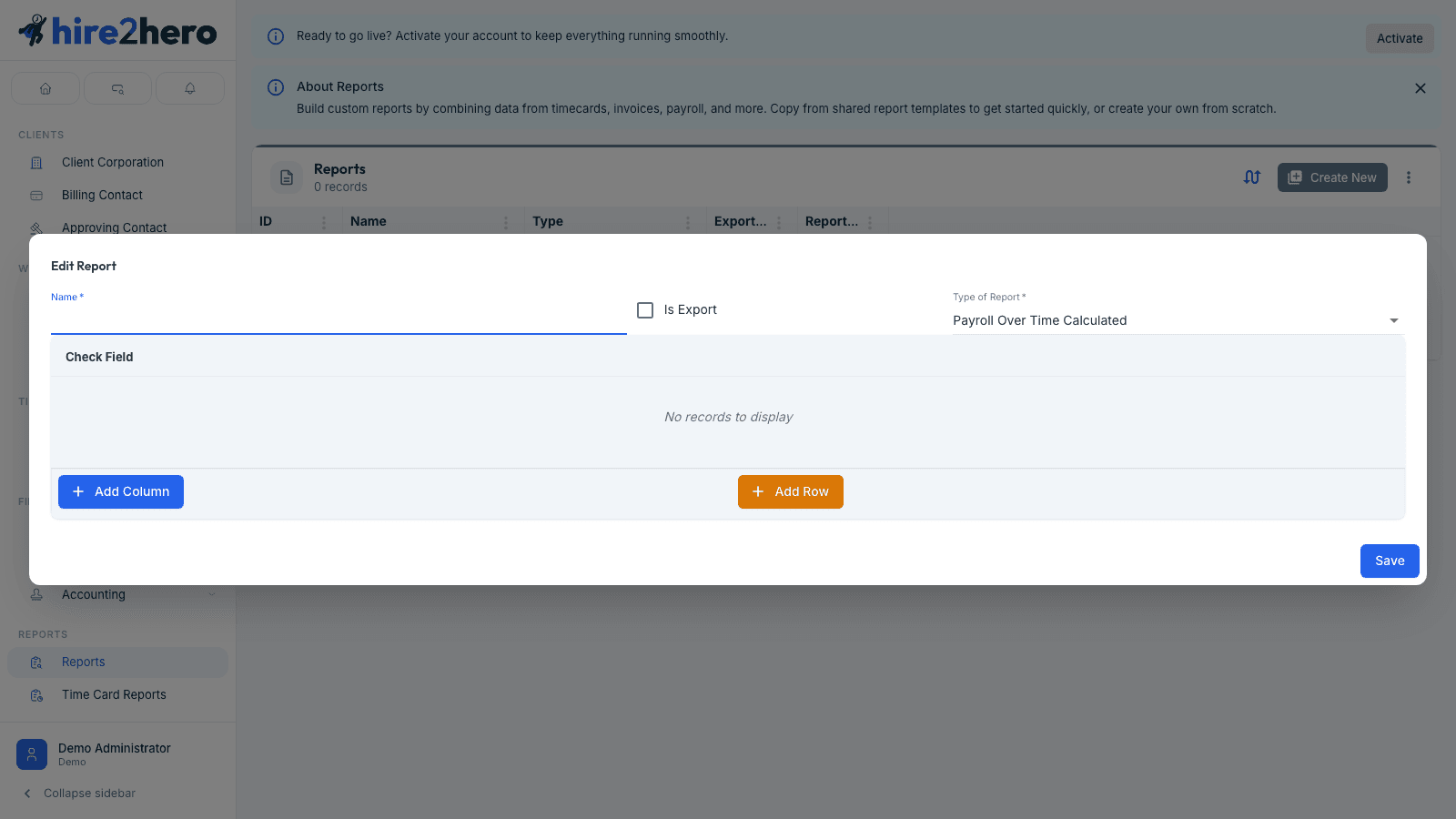 Report builder grid with header and row configuration fields