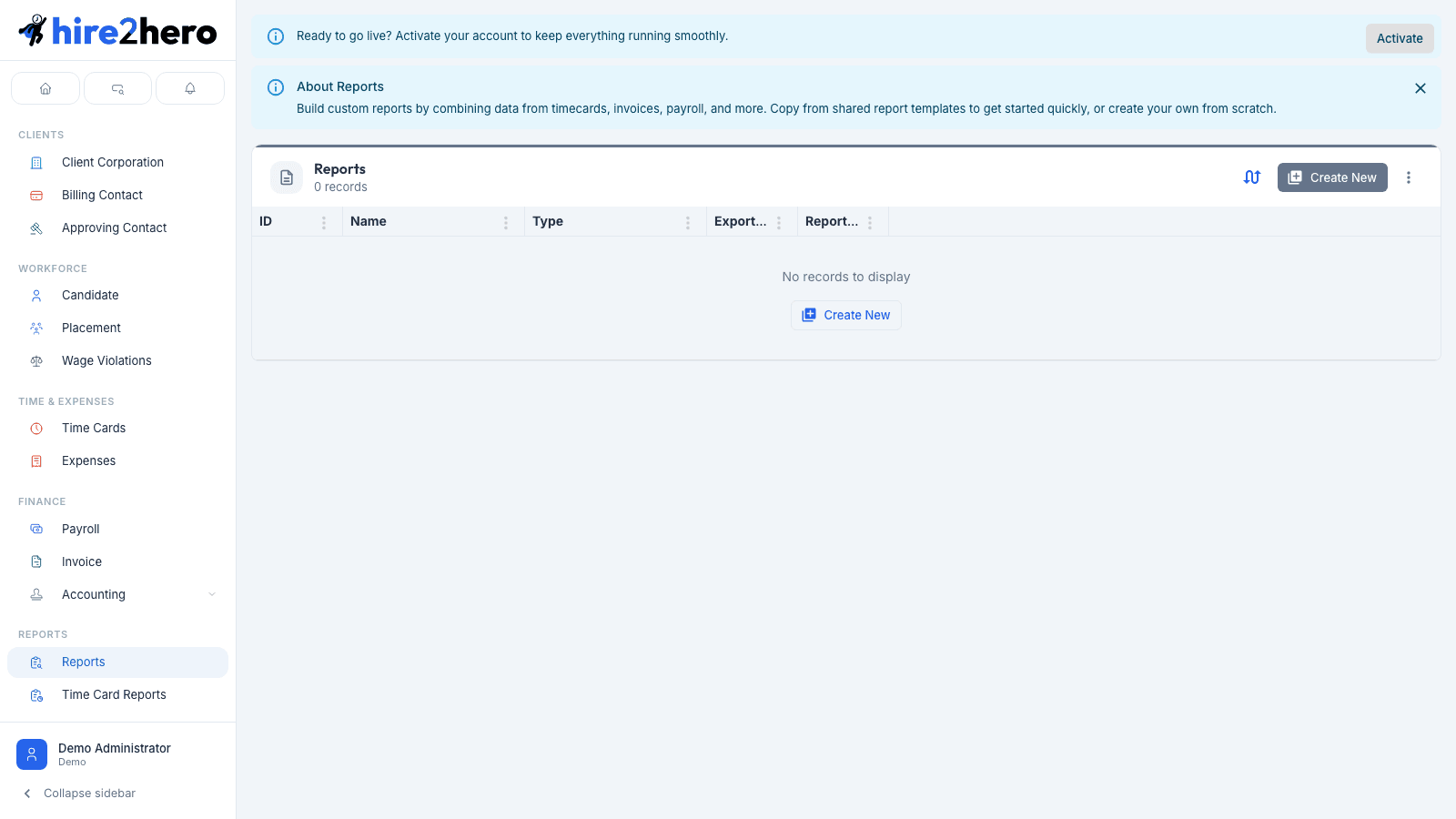 Custom Reports list with report names and types