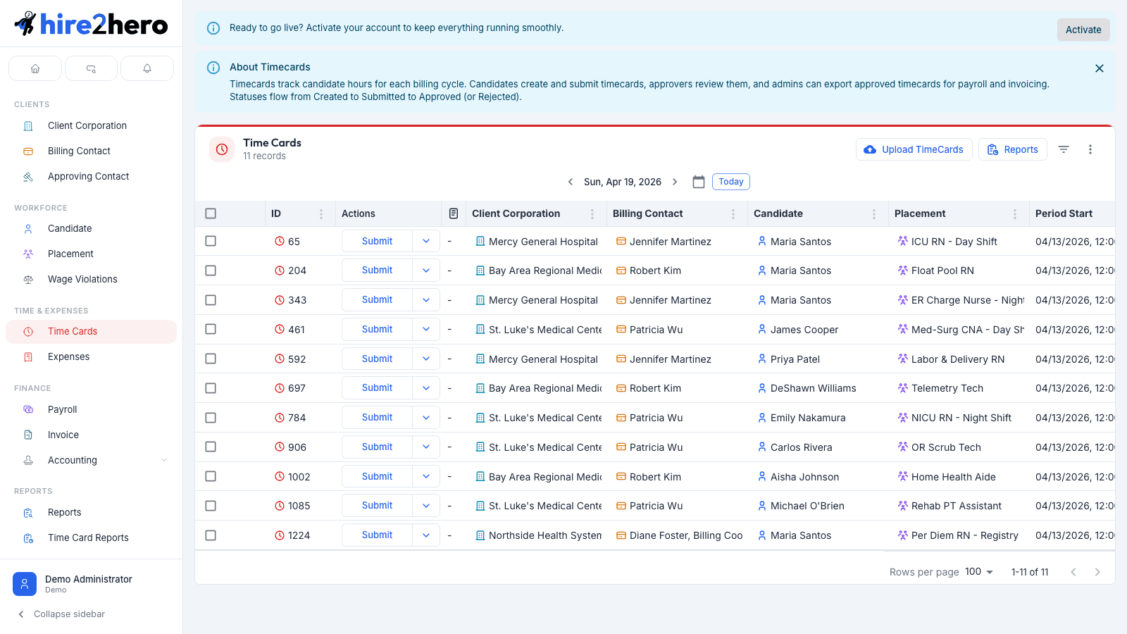Time Cards list view with columns for ID, Actions, Client Corporation, Billing Contact, Candidate, Placement, and Period Start