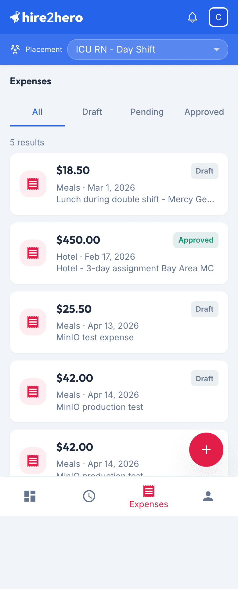 Expenses page showing a monthly summary card, status filter tabs, and a list of expense cards with amount, category, date, and status