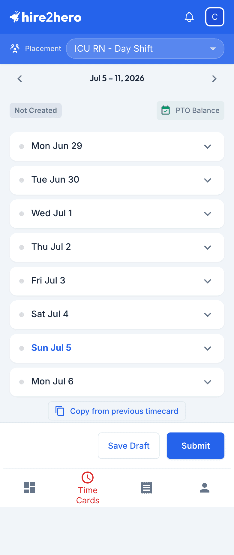 Candidate timecard week view showing seven day rows, a week navigator, and an hours summary bar