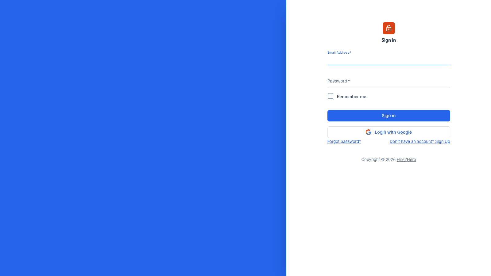 Hire2Hero login screen