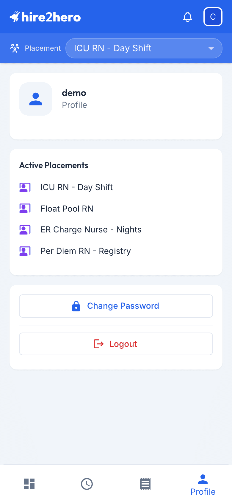 Candidate profile page showing an avatar with initials, the candidate's name, subdomain, Contractor role label, and a list of account options below