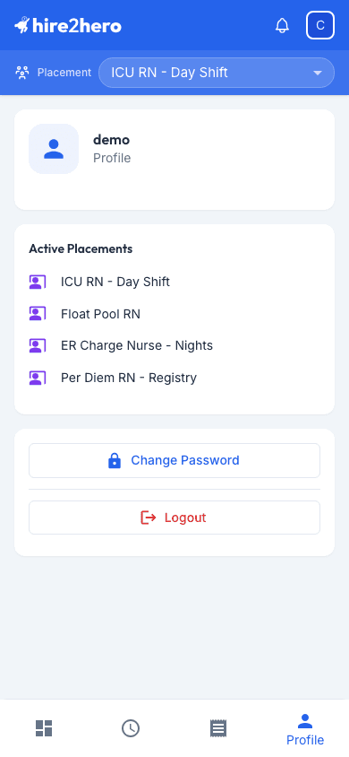 Profile page with My Placements section expanded, showing a list of active placement names